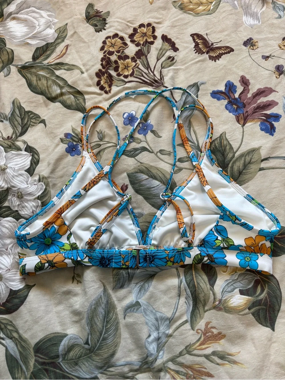 Floral Triangle Bikini Top in Blue & Orange
